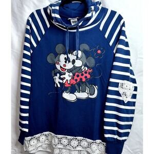 Disney Parks Womens XL Mickey & Minnie XoXo Hoodie Striped Navy Blue White Lace